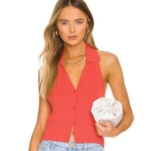 NEW Revolve 525 America‎ Knit Polo Halter Papaya Orange Medium
